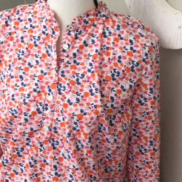TALBOTS floral cotton spring top coral navy floral long sleeve - Picture 2 of 7